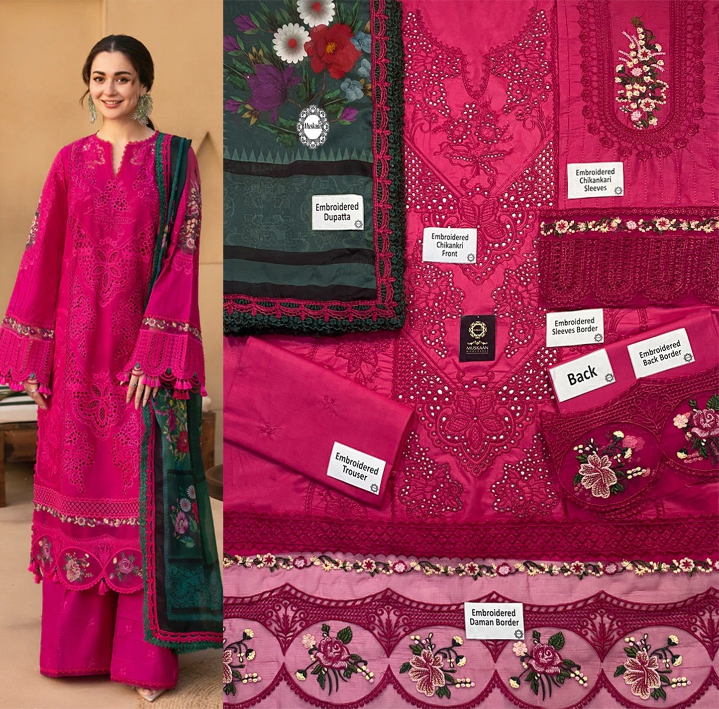 Saira Rizwan Luxury Lawn Embroidered Chikankari Collection- Hot Pink & Bottle Green