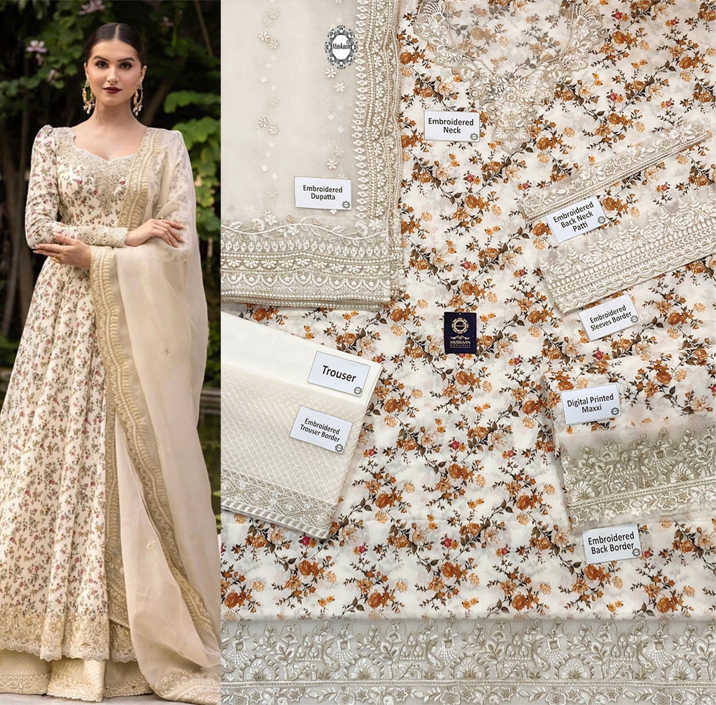 Faiza Saqlain Luxury Lawn Collection Maaxi - Pearl White