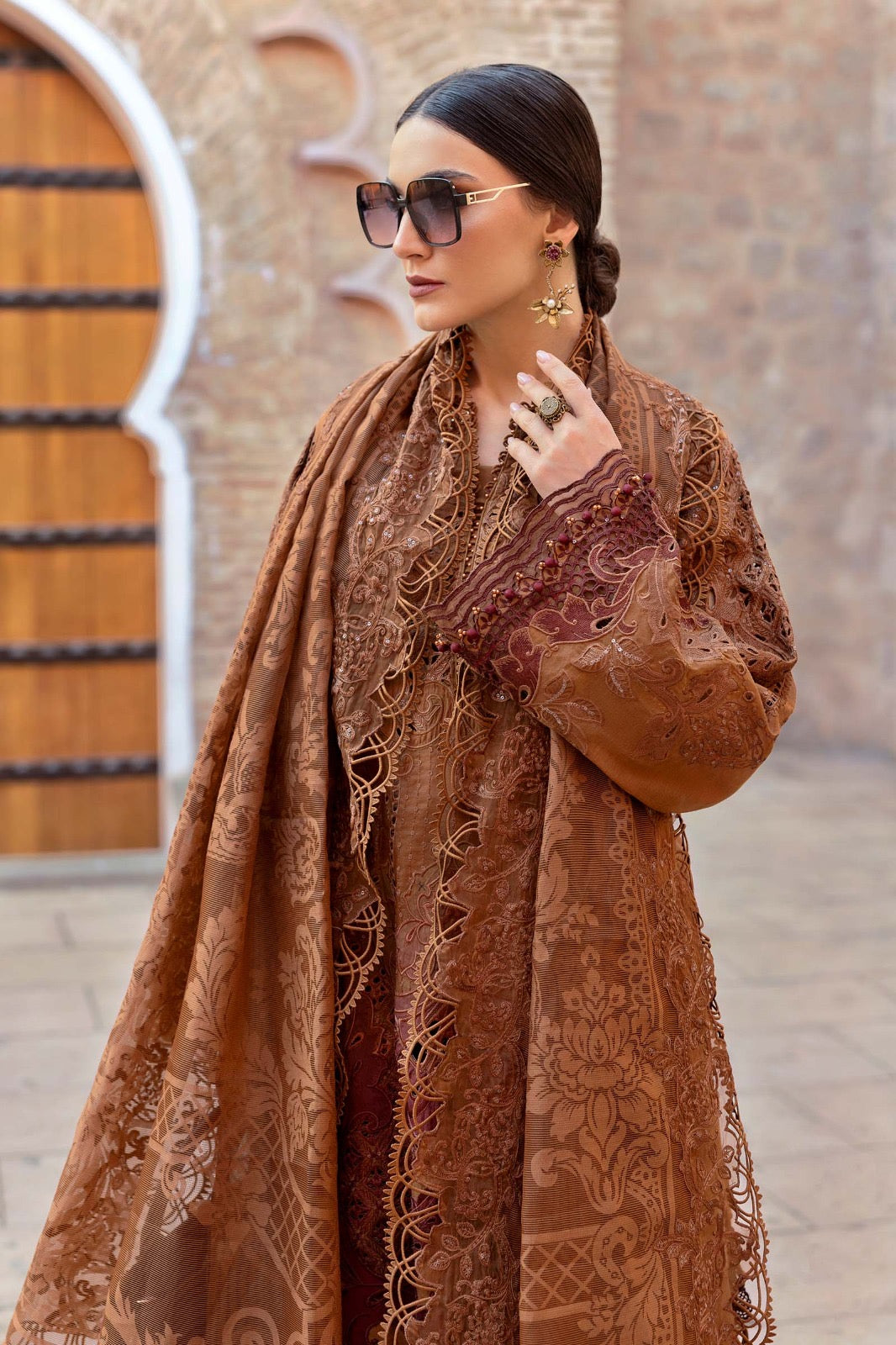 Maria.B Luxury Lawn Embroidered Chikankari Collection 1B- Brown & Reddish Maroon