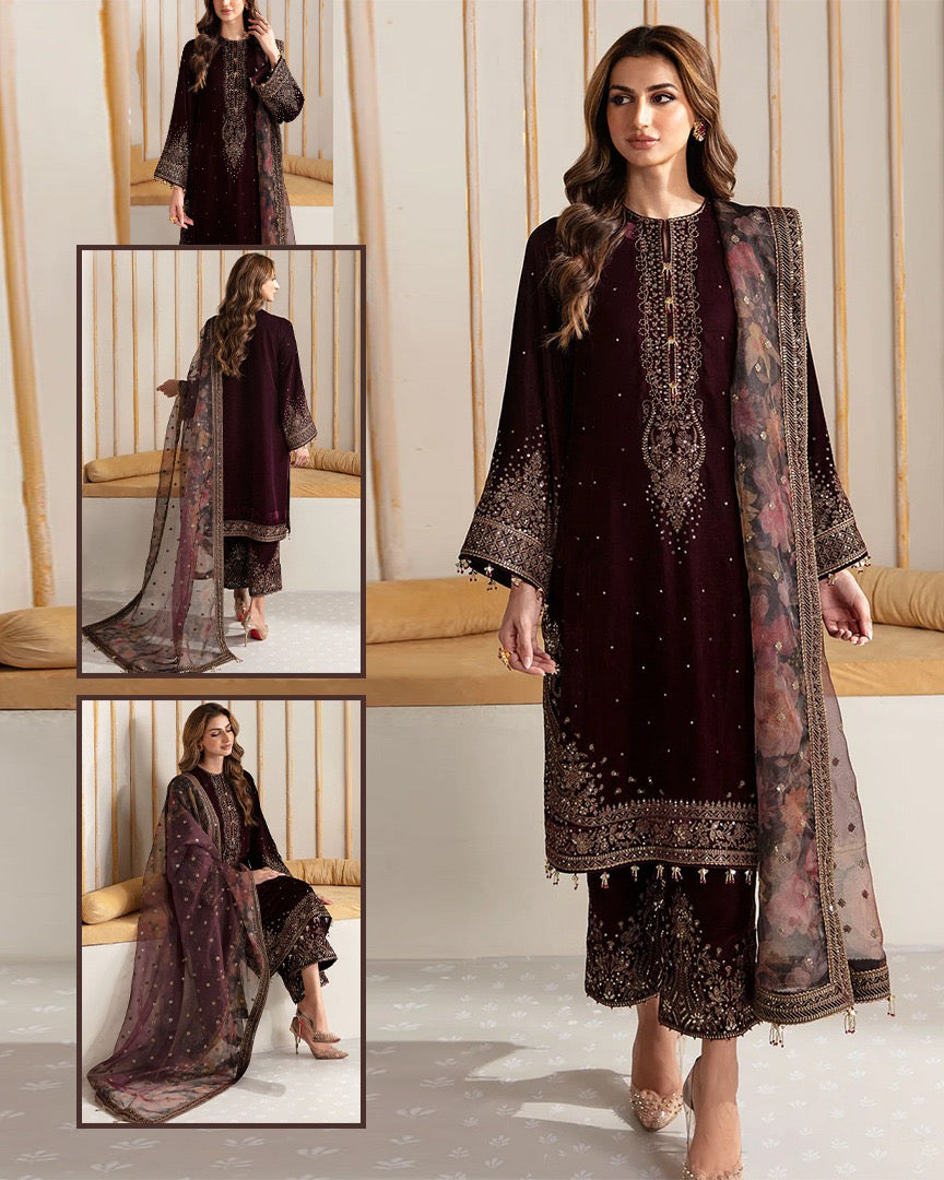 Jazmin Embroidered Velvet Formal Collection -Maroon