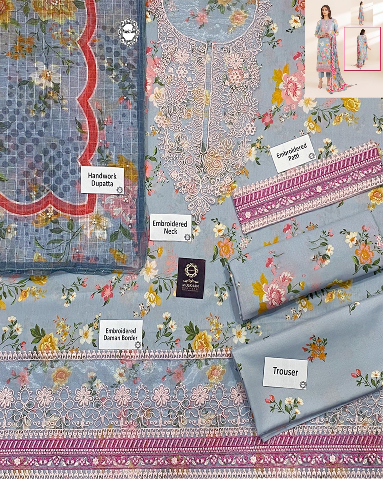 Sapphire Swiss Lawn Embroidered Collection - Carolina Blue
