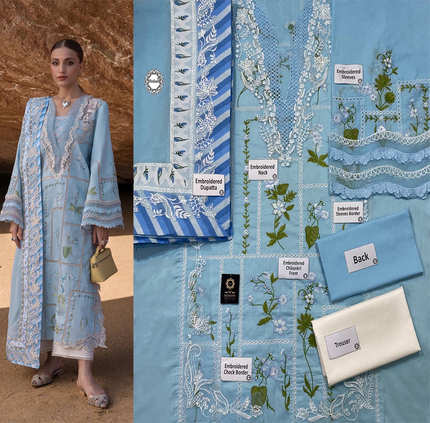 Crimson Flow Luxury Lawn Chikankari Collection- Sky Blue