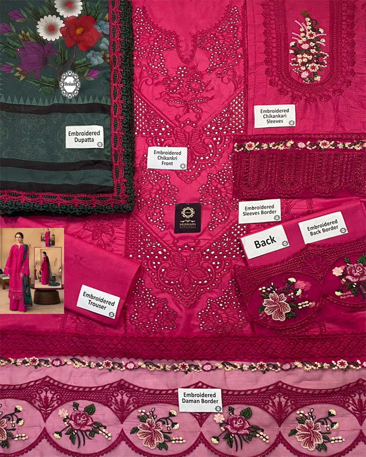 Saira Rizwan Luxury Lawn Embroidered Chikankari Collection- Hot Pink & Bottle Green