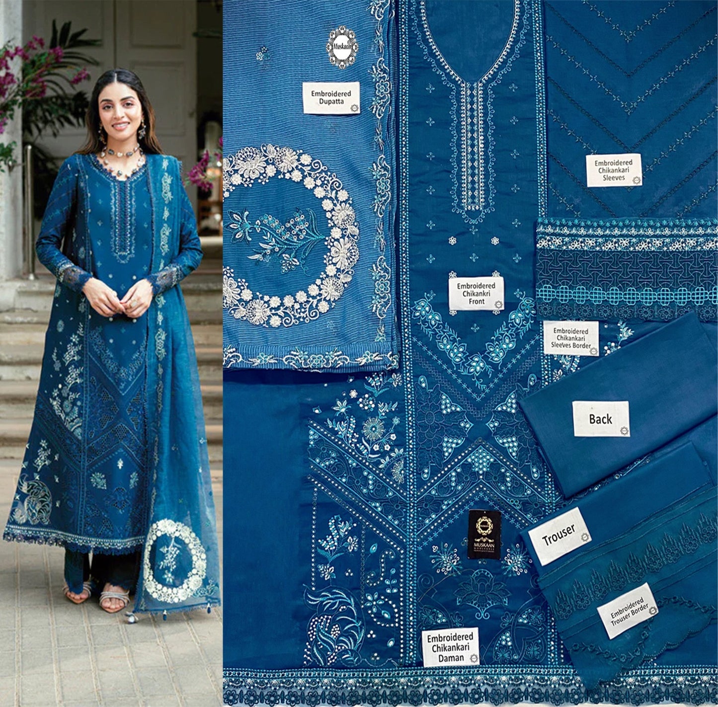 Qalamkar Luxury Chikankari Eid Lawn Collection- Teal Blue