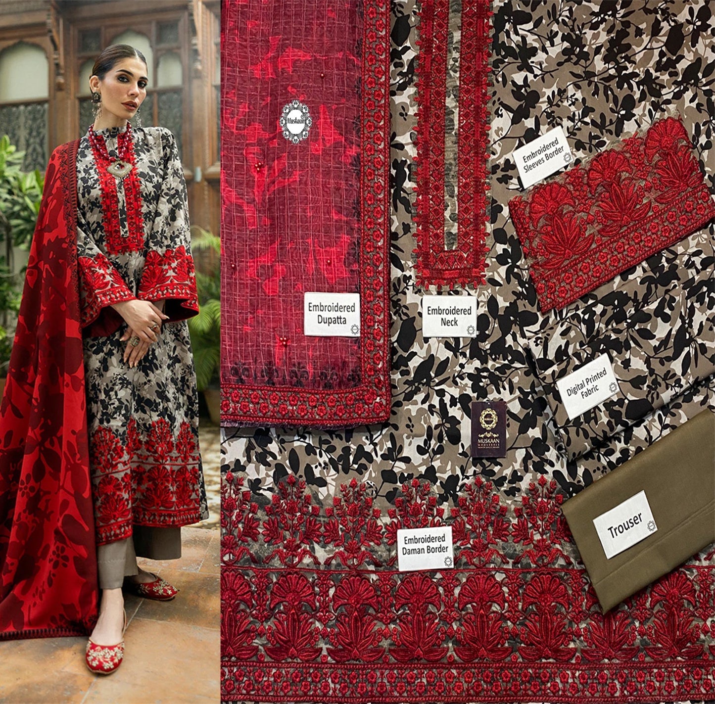 Zainab Chottani Summer Swiss Lawn Collection -Reddish Marroon & Grey