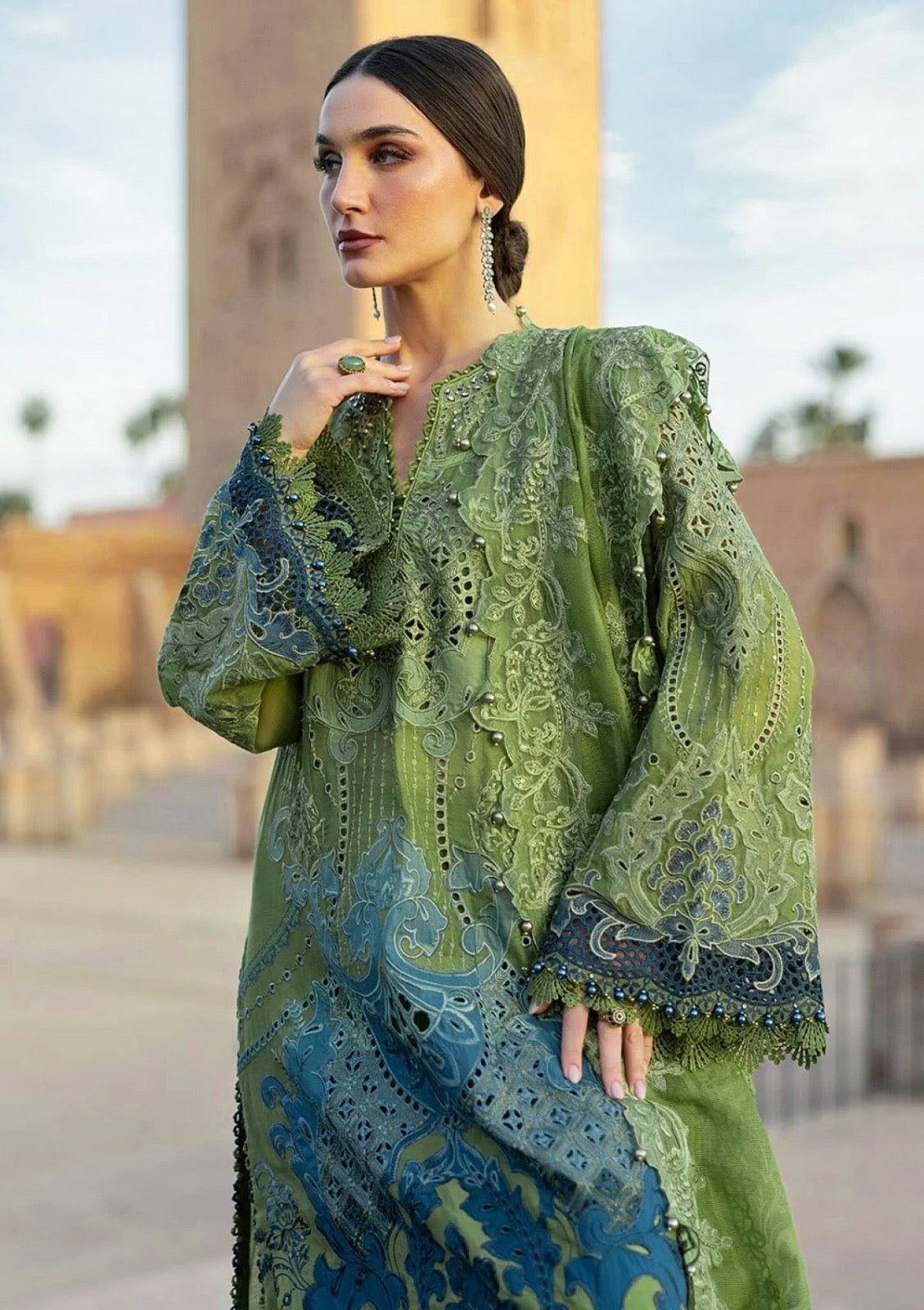 Maria.B Luxury Lawn Embroidered Chikankari Collection 1A- Pista & Teal Blue