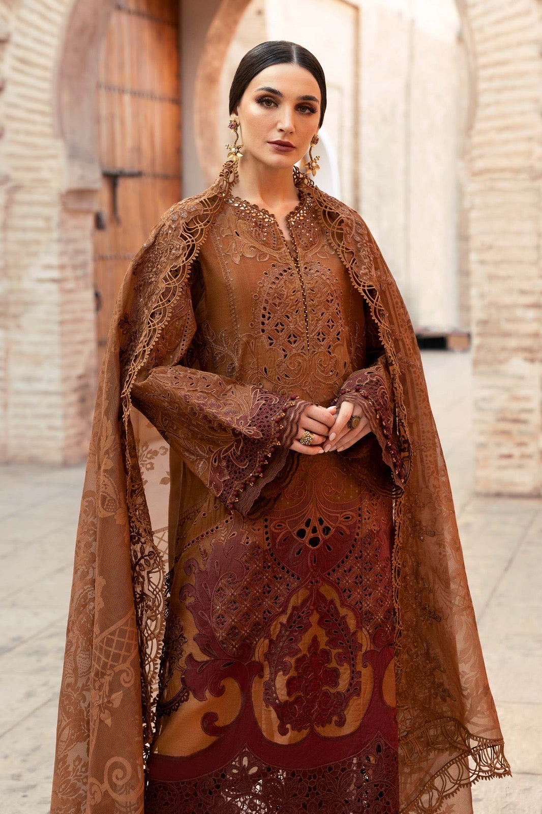 Maria.B Luxury Lawn Embroidered Chikankari Collection 1B- Brown & Reddish Maroon