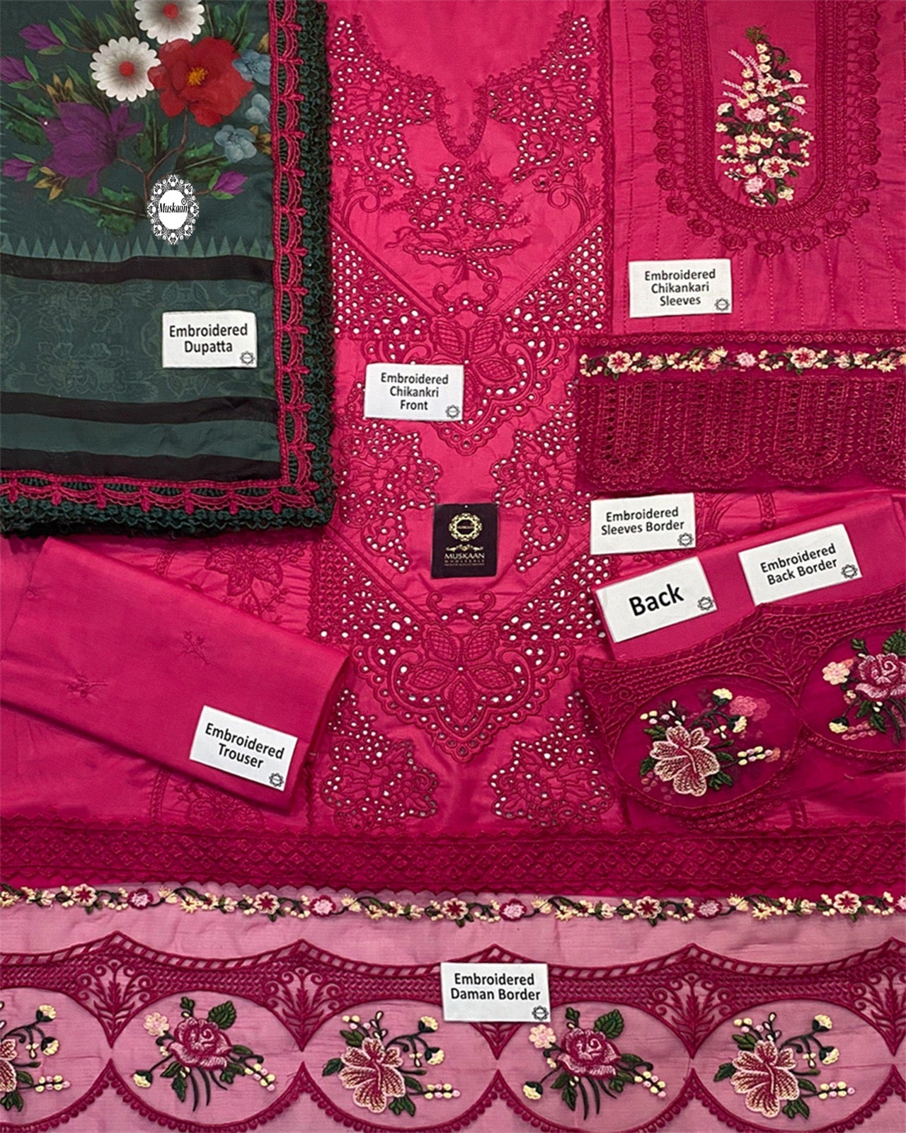 Saira Rizwan Luxury Lawn Embroidered Chikankari Collection- Hot Pink & Bottle Green