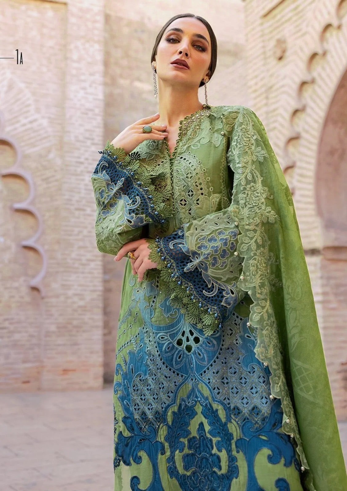 Maria.B Luxury Lawn Embroidered Chikankari Collection 1A- Pista & Teal Blue
