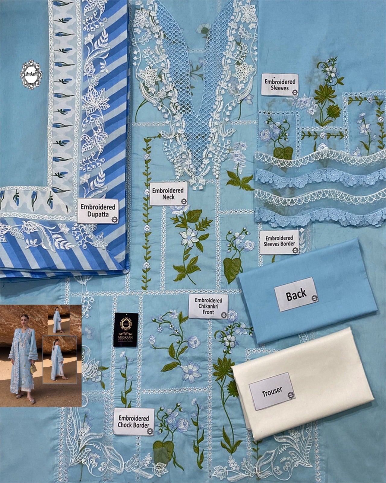 Crimson Flow Luxury Lawn Chikankari Collection- Sky Blue