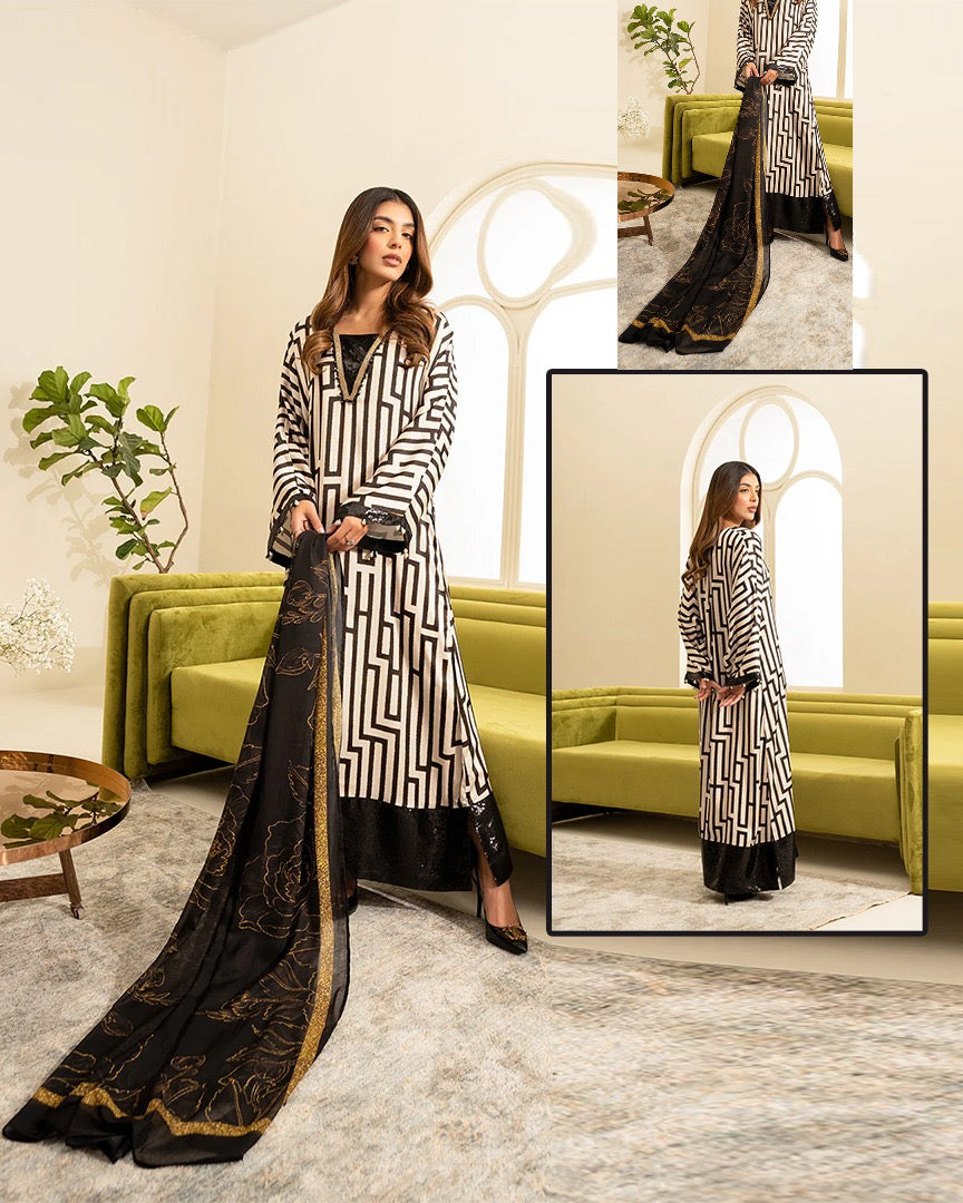 Lulusar Digital Printed Swiss Lawn Collection - Beige and Black
