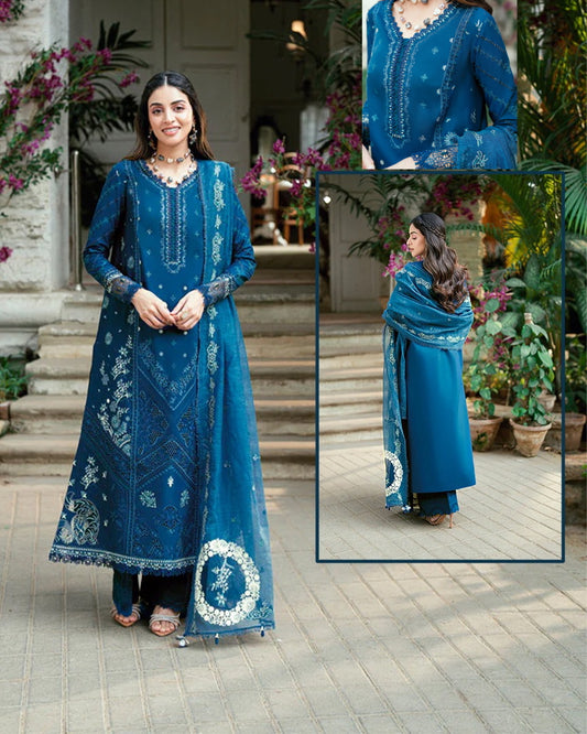 Qalamkar Luxury Chikankari Eid Lawn Collection- Teal Blue
