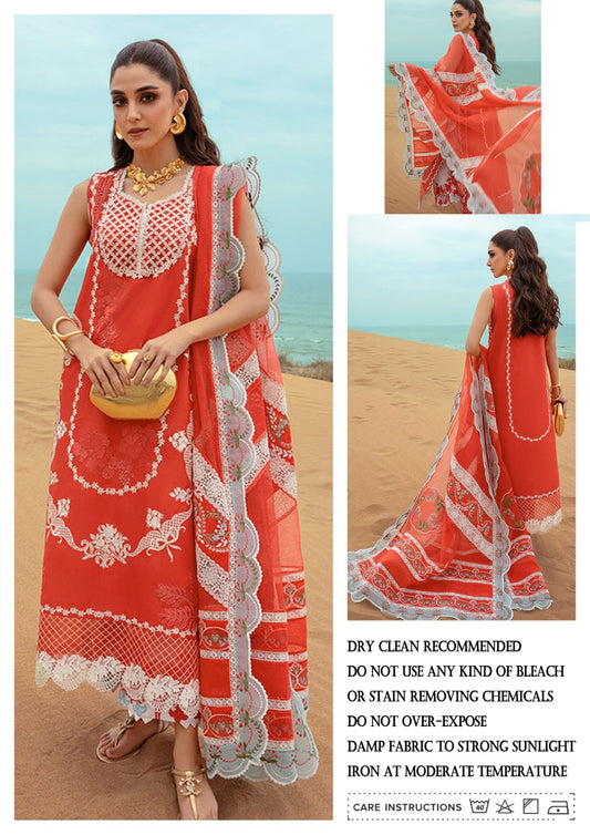 Saira Shakira By Crimson Embroidered Chikankari Luxury Lawn Collection-Carrot Red & Light Seagreen