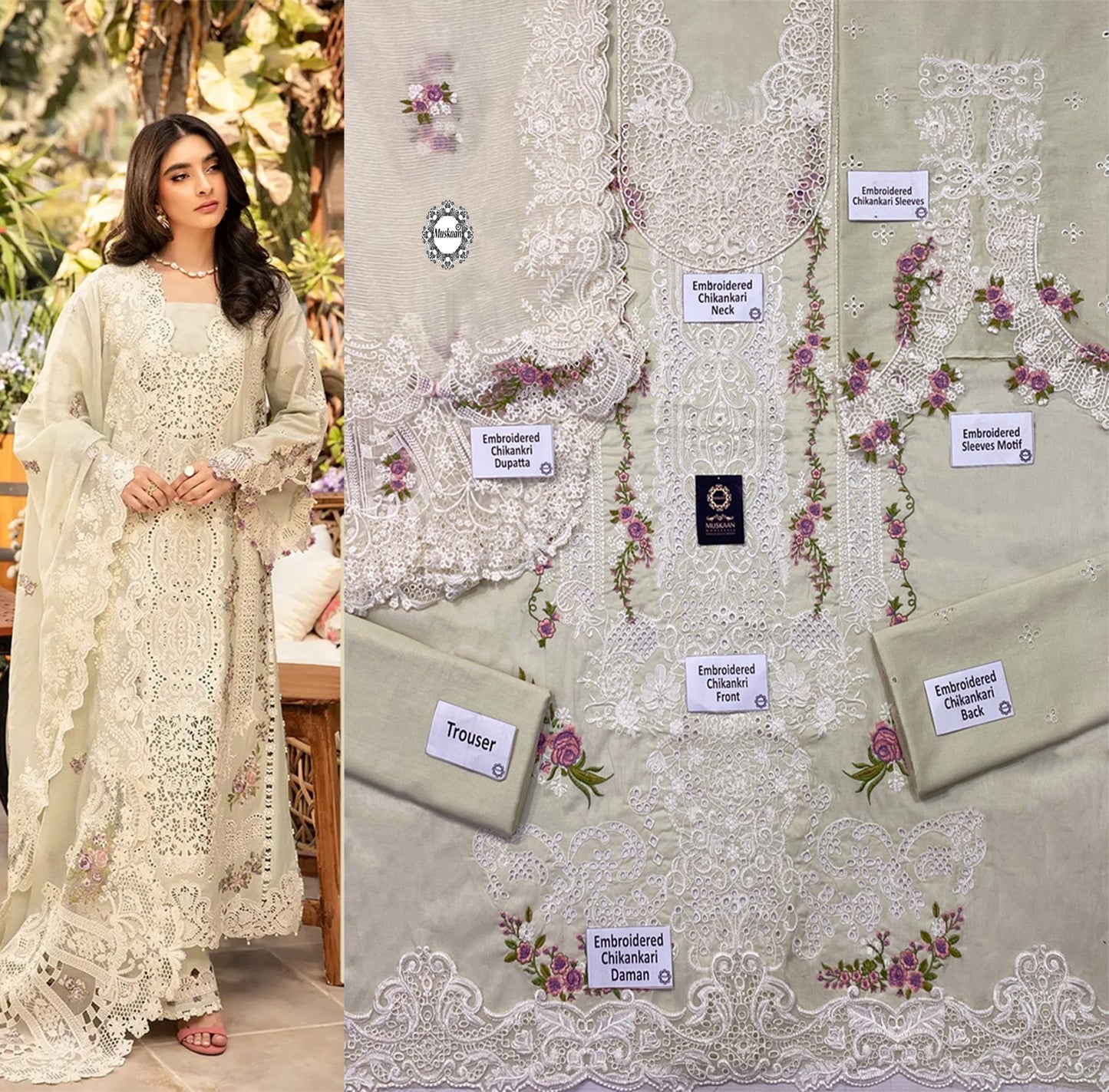 Elaf Premium Luxury Lawn Embroidered Chikankari Collection Raha- Mint Green