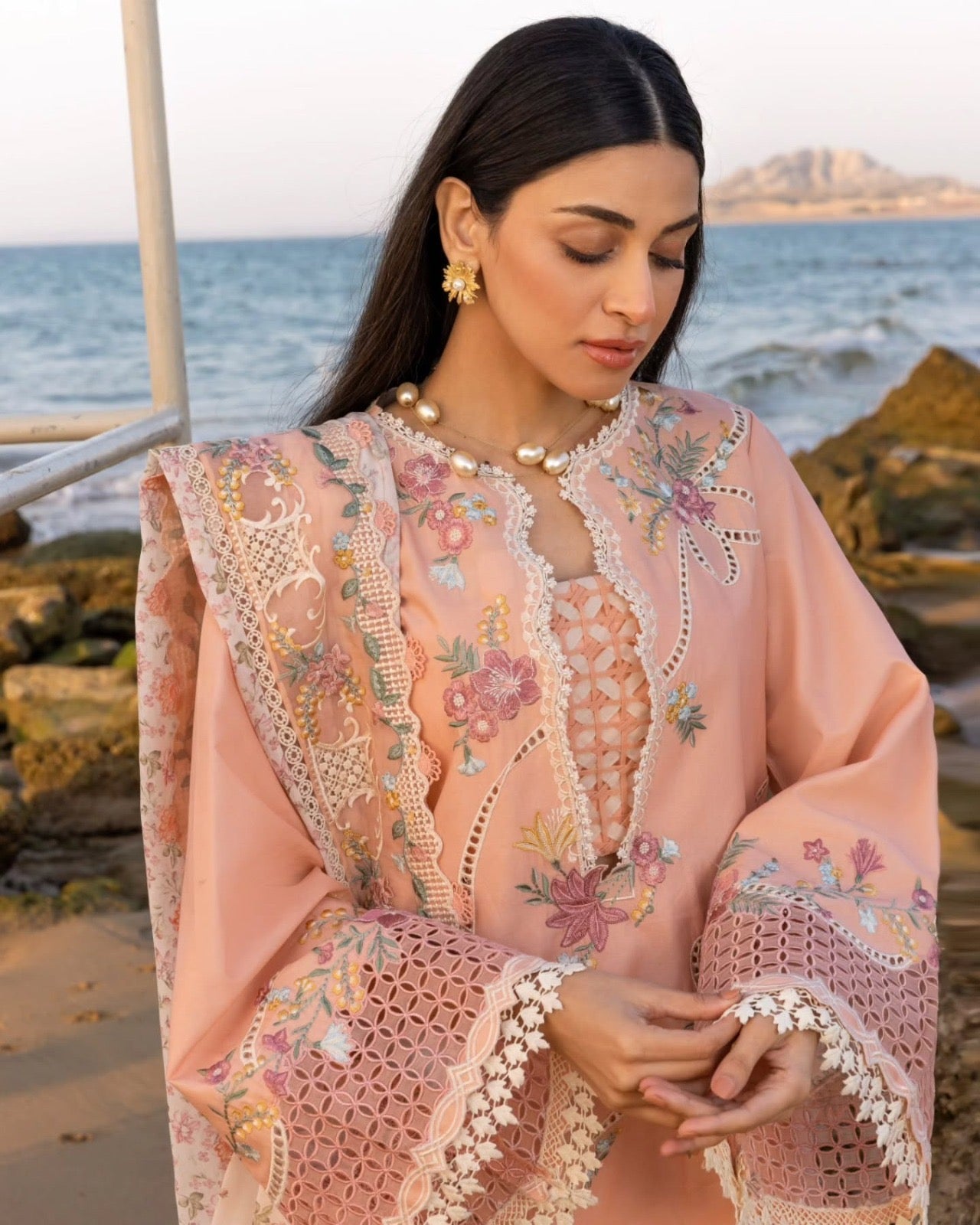 Crimson Flow Luxury Embroidered Chikankari Lawn Collection- Peach Pink
