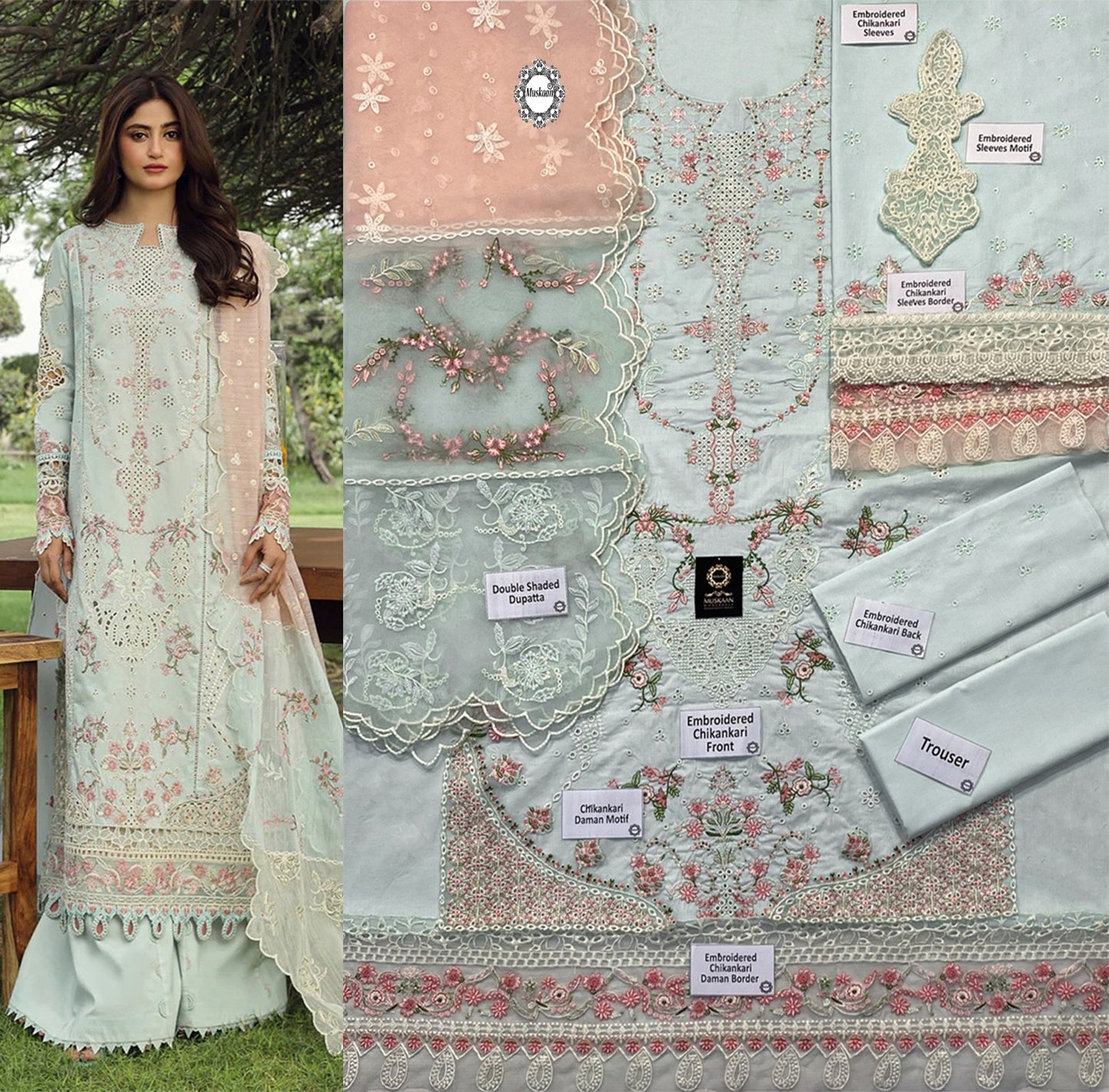 Qalamkar Luxury Embroidered Chikankari Lawn Collection- Light Seagreen