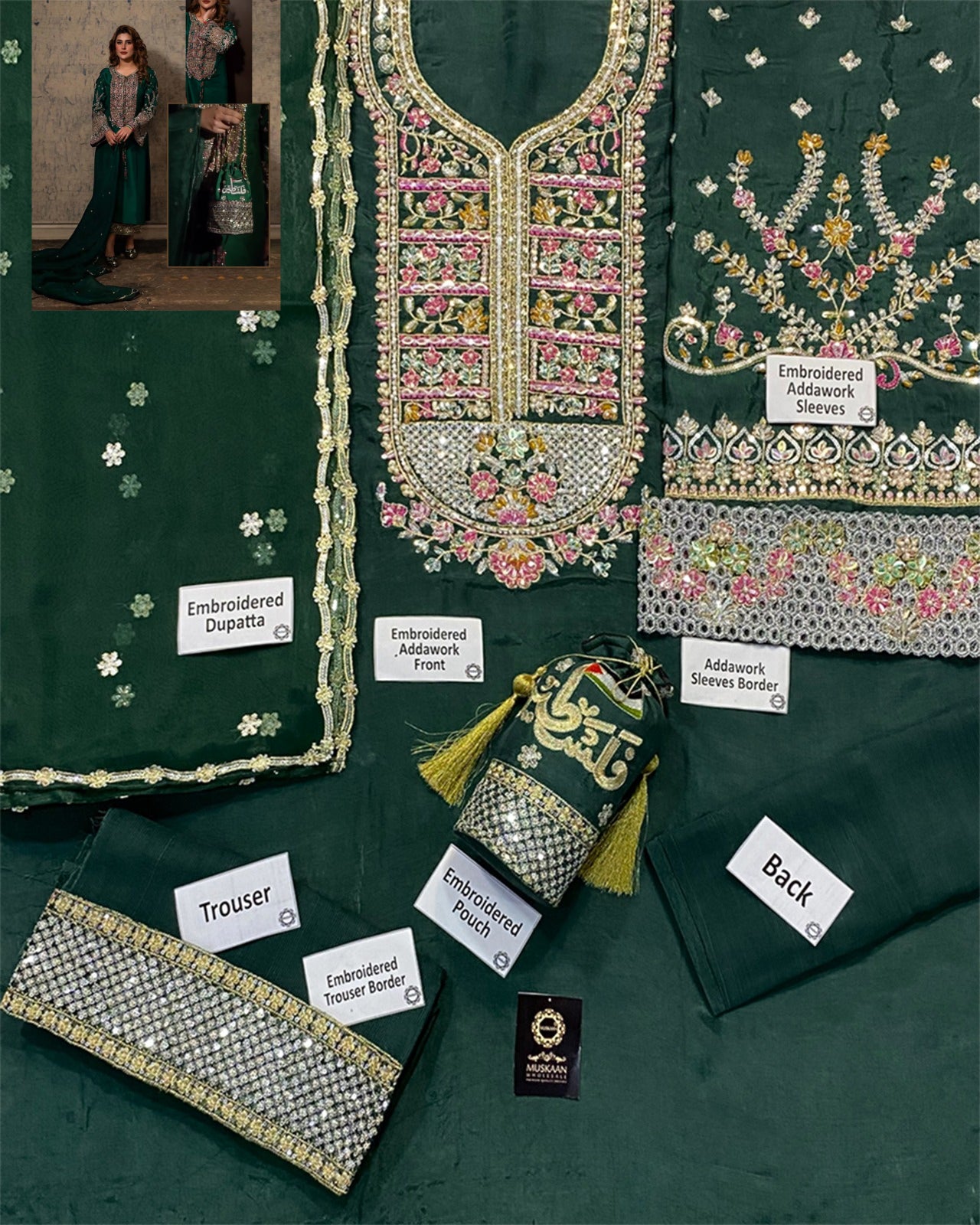 Hijab Omer Luxury Hand Embellished Addawork Formal Wedding Collection- Bottle Green