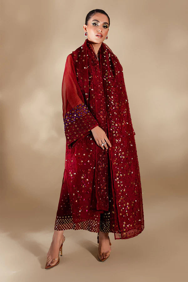 Nureh Embroidered Addawork Formal Wedding Collection- Tomato Red