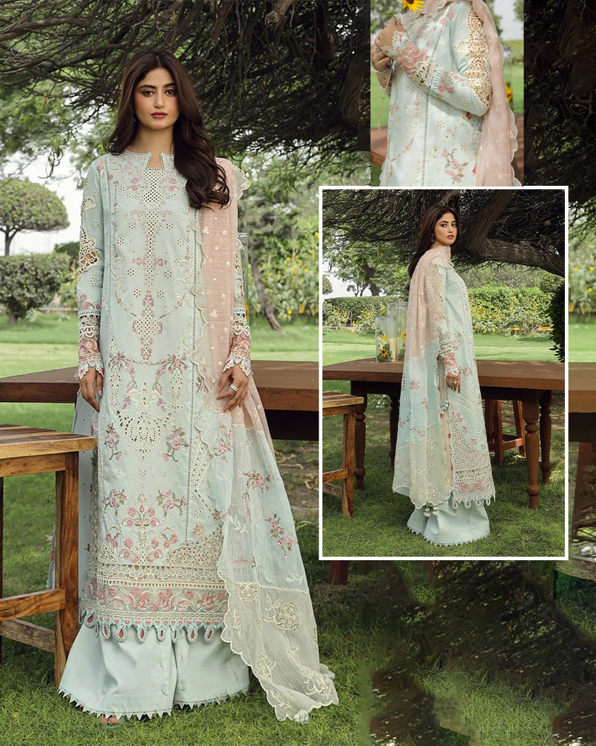 Qalamkar Luxury Embroidered Chikankari Lawn Collection- Light Seagreen