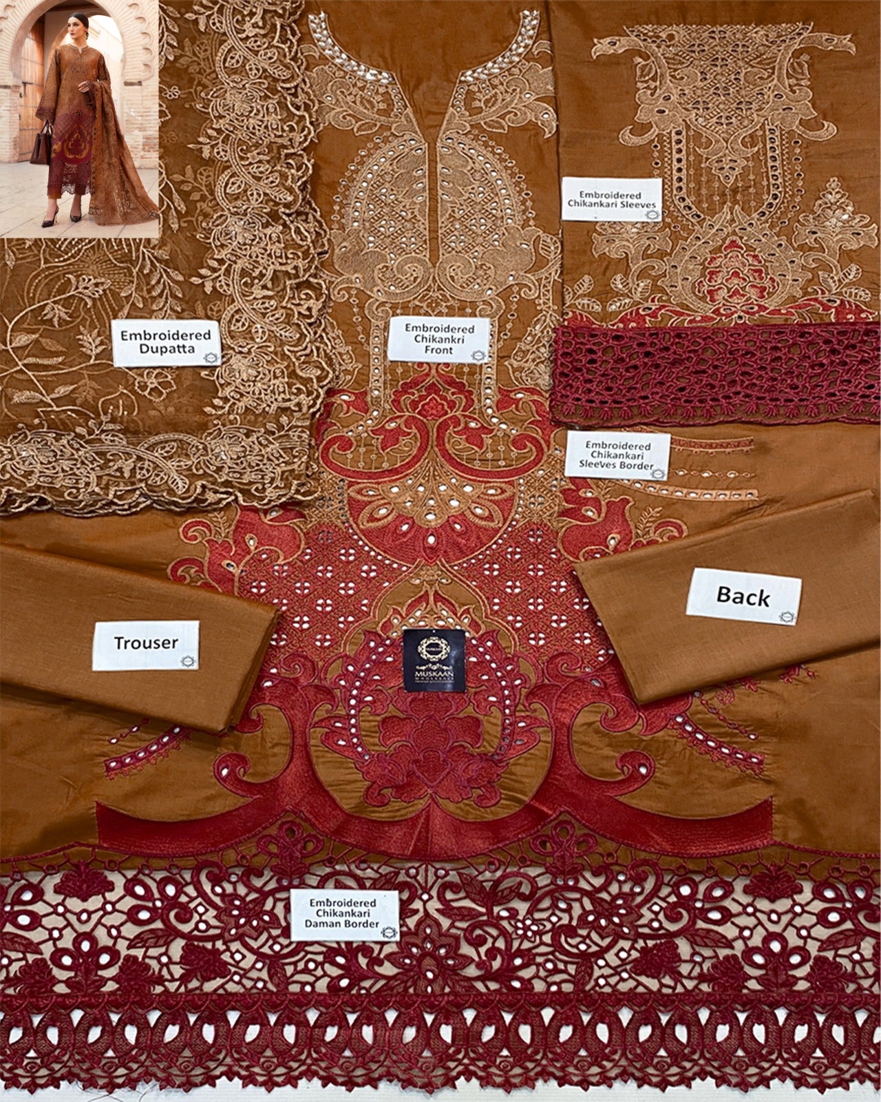 Maria.B Luxury Lawn Embroidered Chikankari Collection 1B- Brown & Reddish Maroon
