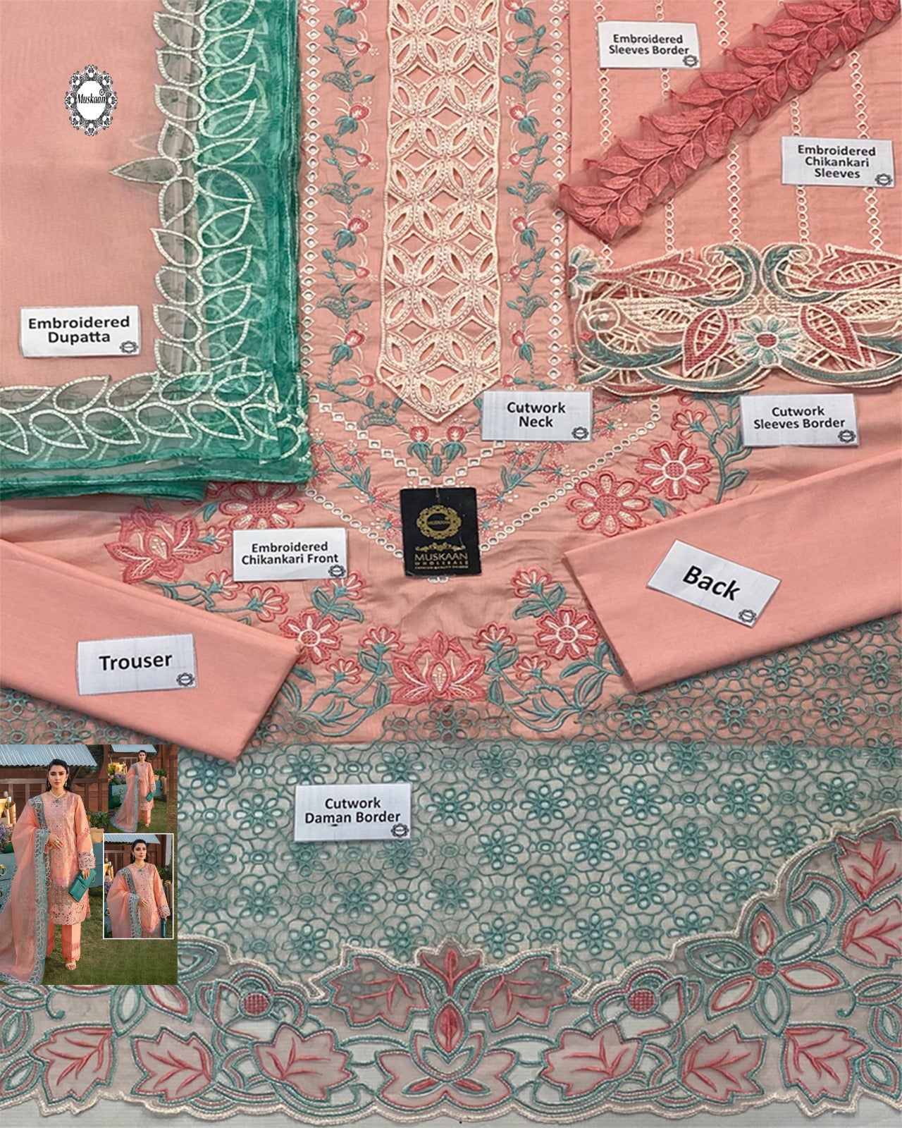 Rang Rasiya Embroidered Chikankari Luxury Lawn Collection- Teapink & Seagreen