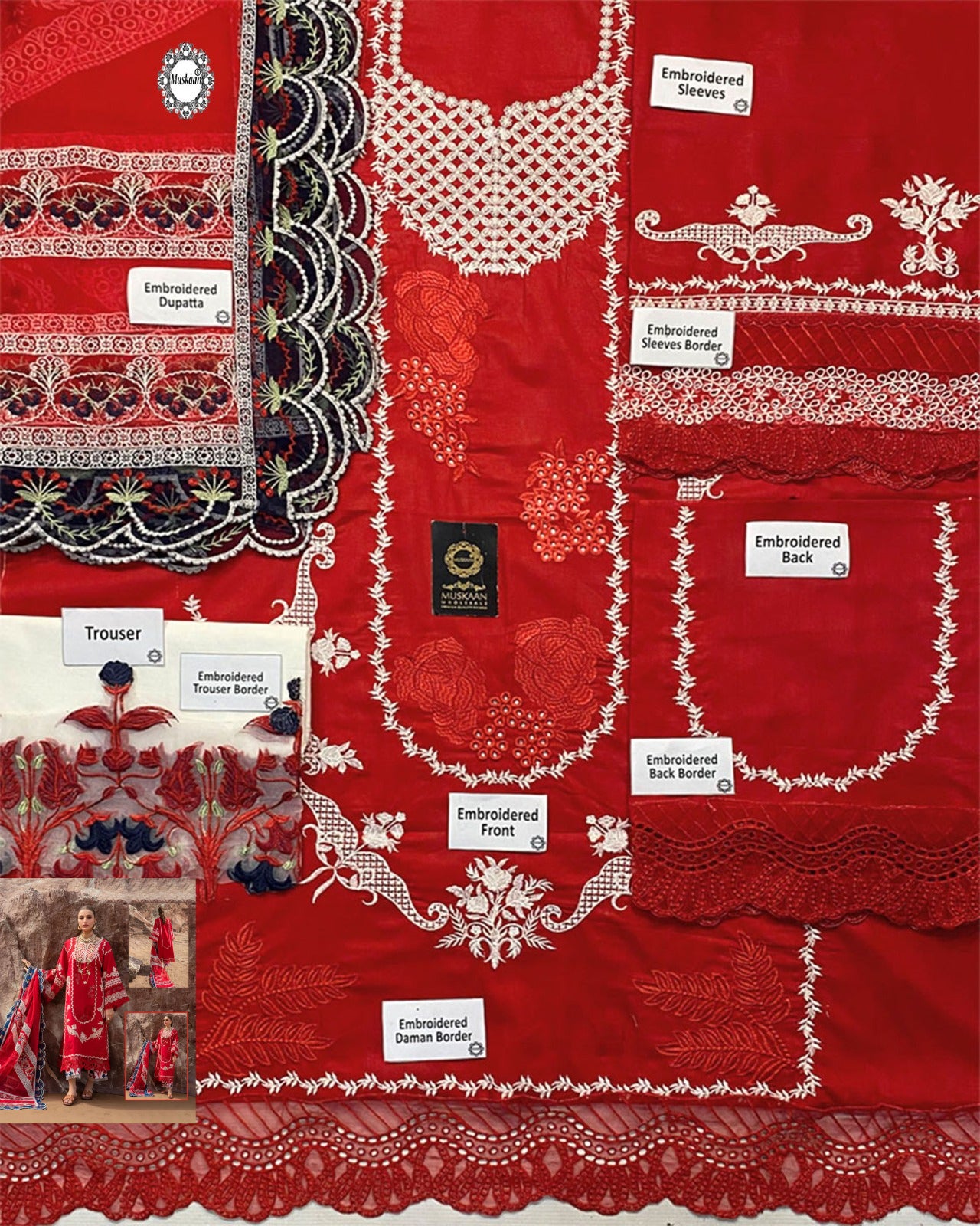 Saira Shakira By Crimson Embroidered Chikankari Luxury Lawn Collection- Tomato Red & Blue Hues