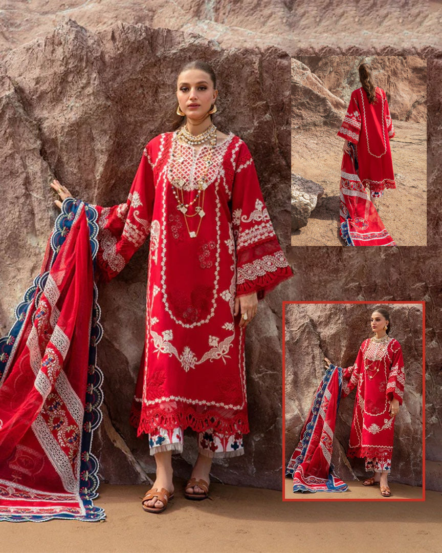 Saira Shakira By Crimson Embroidered Chikankari Luxury Lawn Collection- Tomato Red & Blue Hues