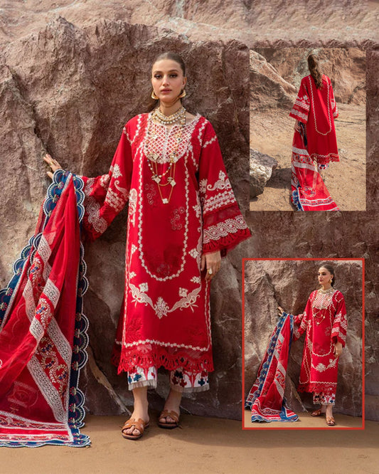 Saira Shakira By Crimson Embroidered Chikankari Luxury Lawn Collection- Tomato Red & Blue Hues