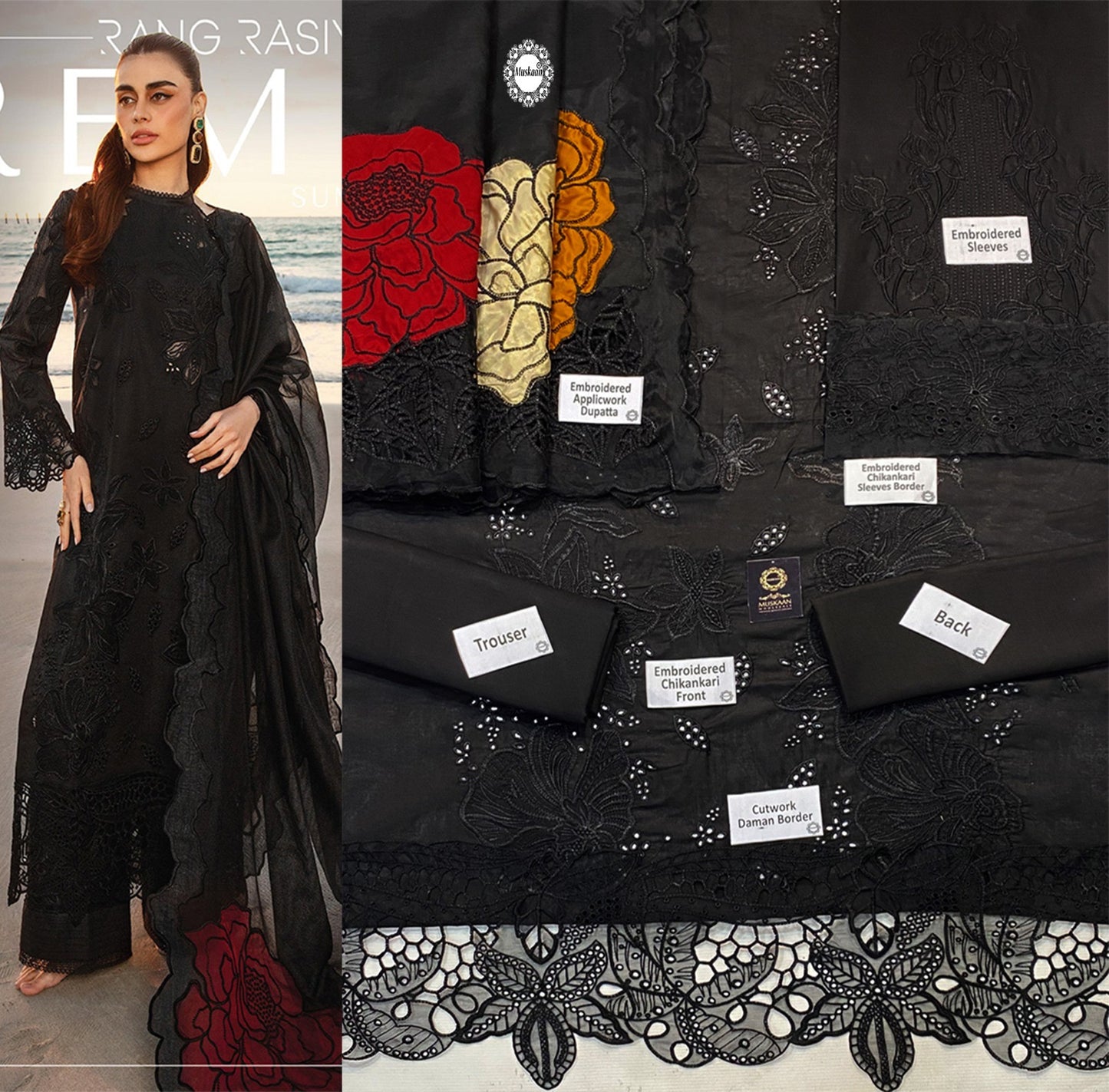 Rang Rasiya Luxury Chikankari Lawn Collection- Black