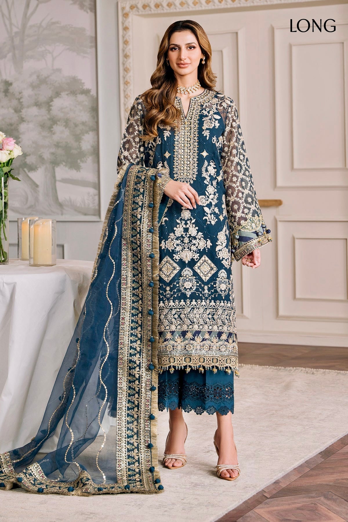 Baroque Embroidered Luxury Lawn Collection- Teal Blue