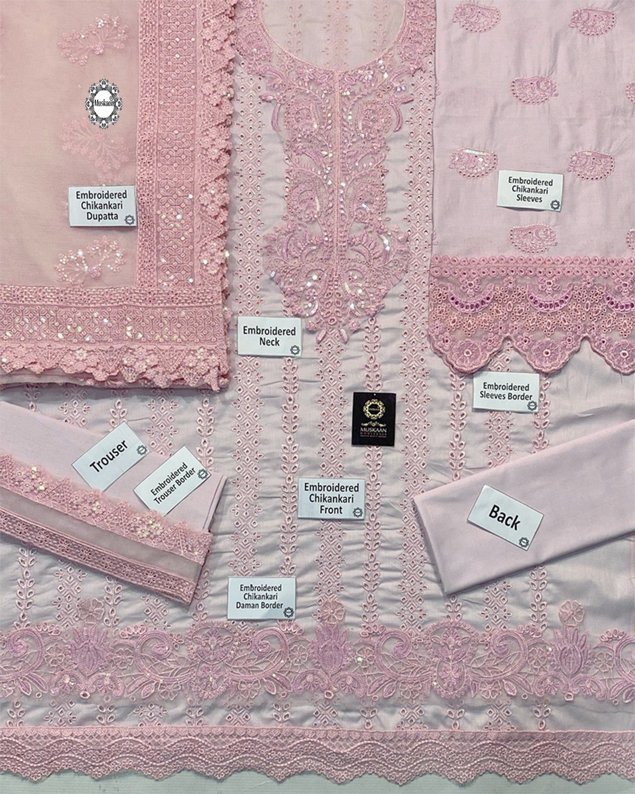 Nureh Embroidered Chikankari Luxury Lawn Collection- Powder Baby Pink