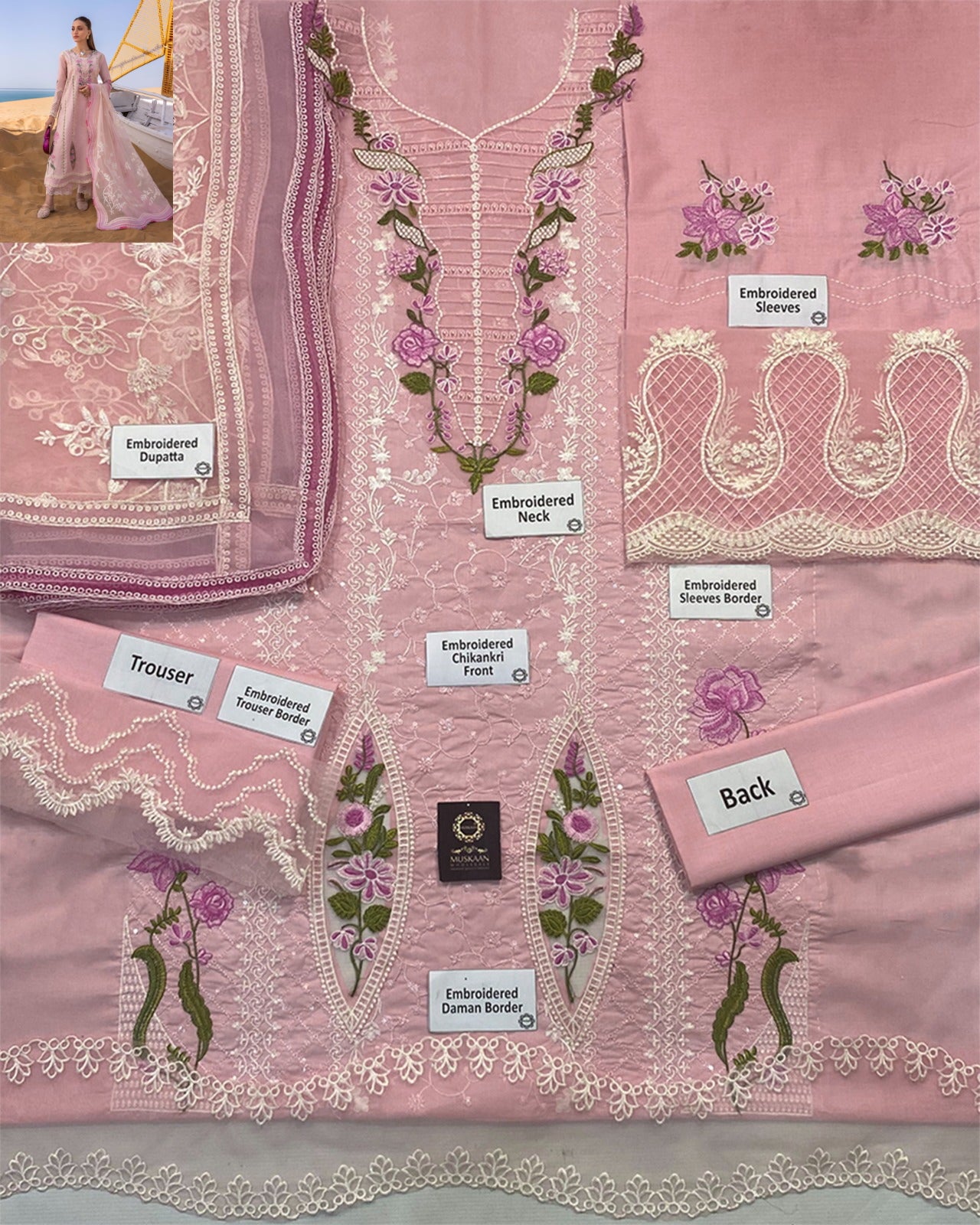 Crimson Flow Luxury Embroidered Chikankari Collection- Powder Pink 2B
