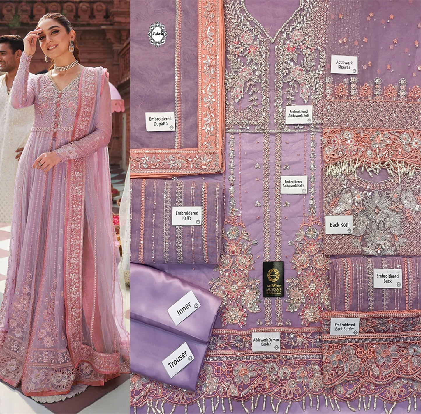 Mushq Embroidered Luxury Festive Addawork Collection- Lavender
