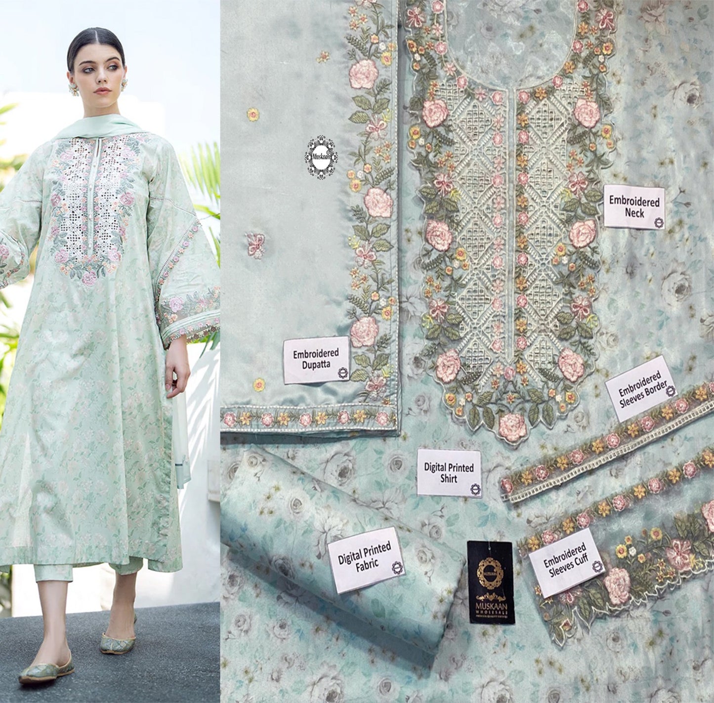 Baroque Digital Printed & Chikankari Pashmina Wool Collection - Misty Seagreen