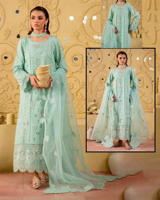 Nureh Embroidered Chikankari Luxury Lawn Collection- Sea Green
