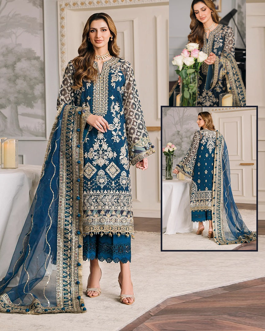 Baroque Embroidered Luxury Lawn Collection- Teal Blue