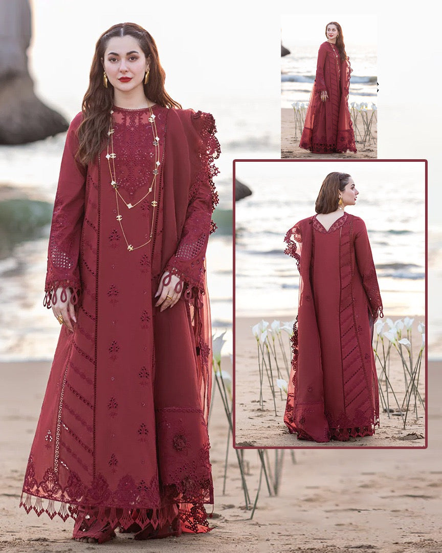 Qalamkar Embroidered Chikankari Luxury Lawn Collection Maroon