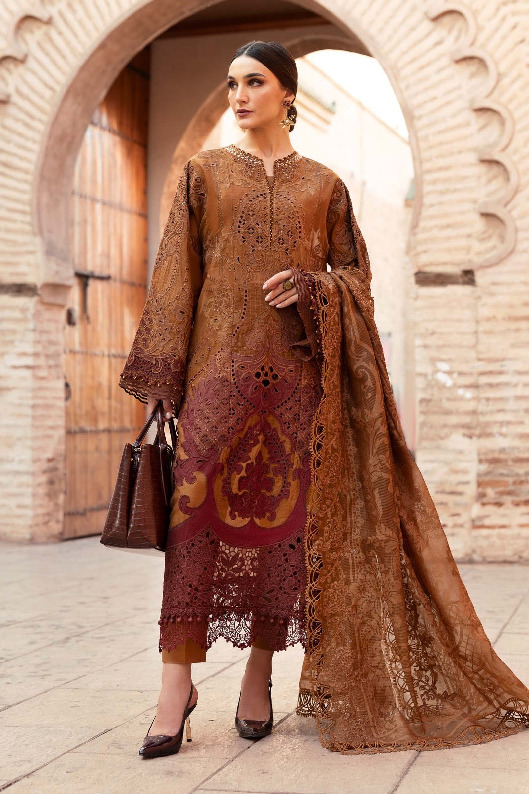 Maria.B Luxury Lawn Embroidered Chikankari Collection 1B- Brown & Reddish Maroon