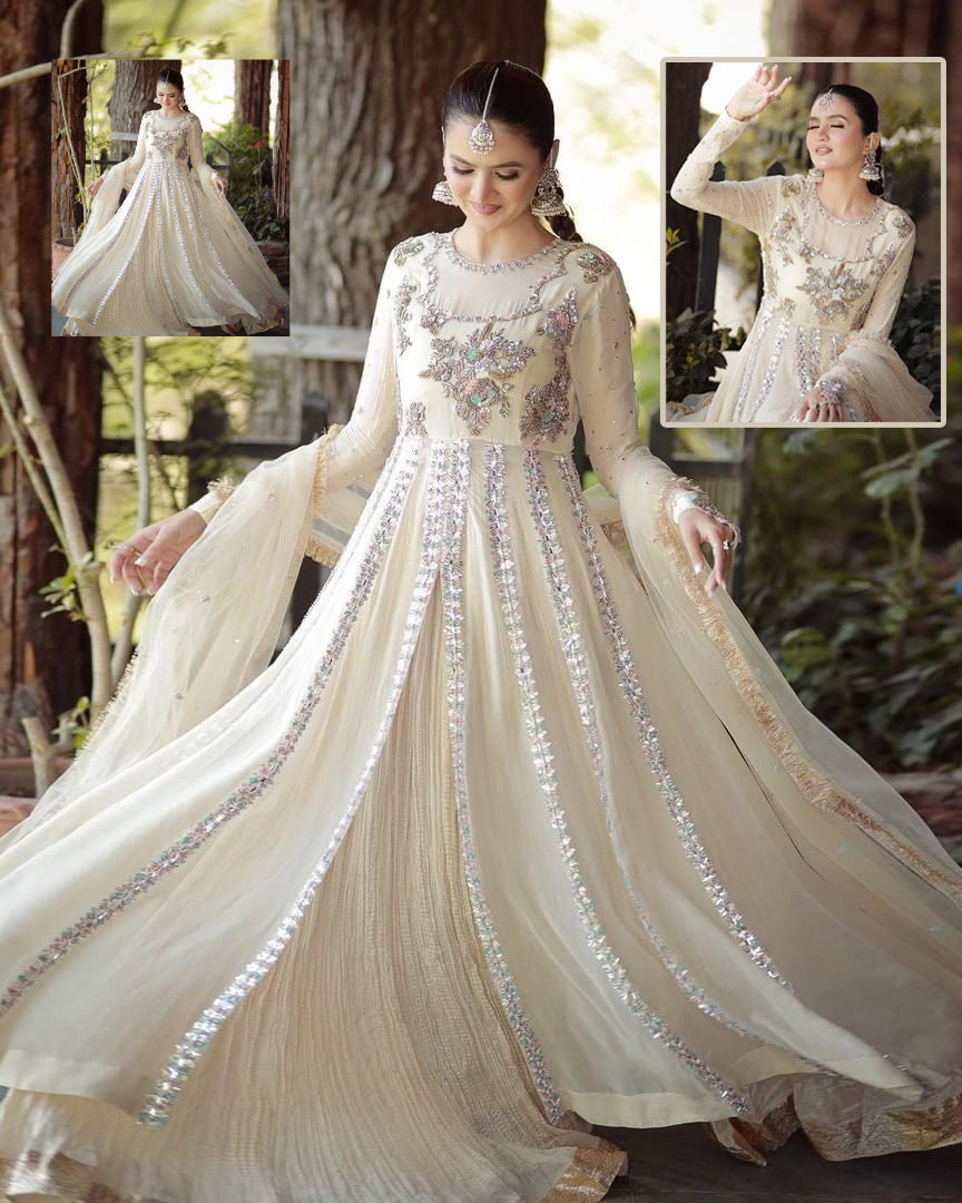 Sadia Faisal Embroidered Luxury Addawork Collection- Ivory Pearl