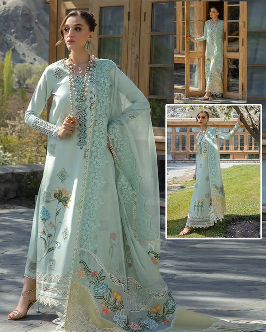 Crimson Embroidered Luxury CottonCollection- Soft Aqua
