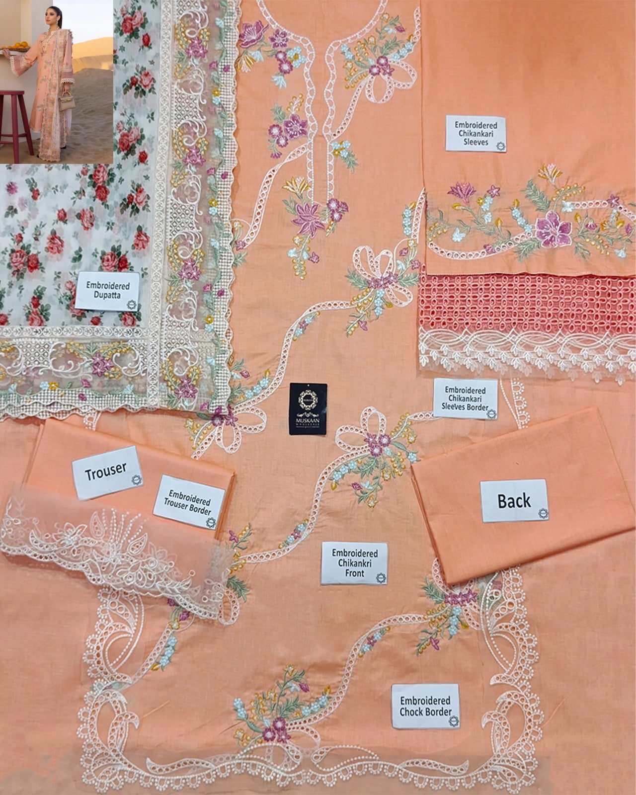 Crimson Flow Luxury Embroidered Chikankari Lawn Collection- Peach Pink