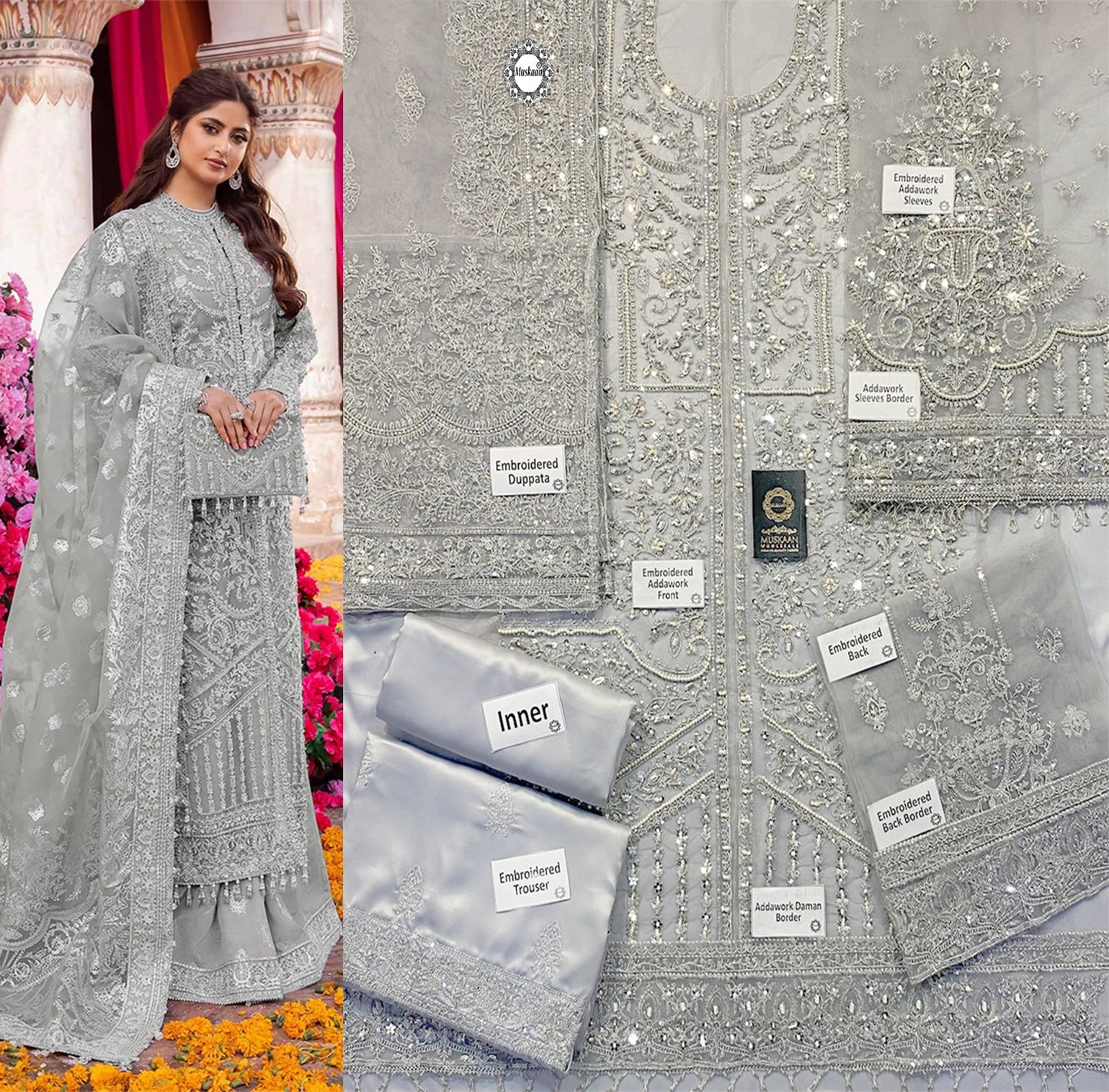 Kanwal Malik Embroidered Luxury Addawork Collection- Silver Grey