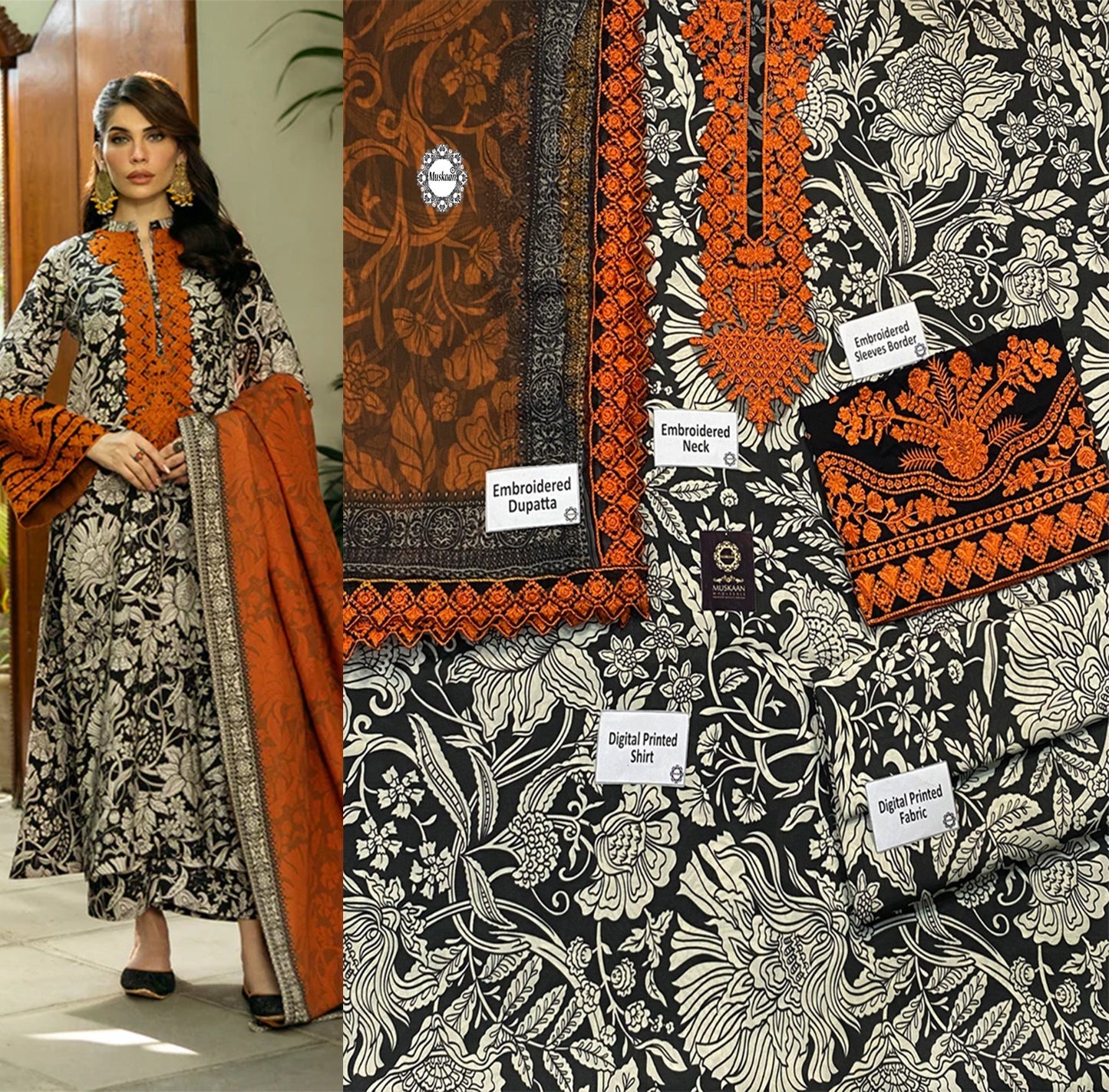 Zainab Chottani Summer Swiss Lawn Collection -Beige & Tangerine