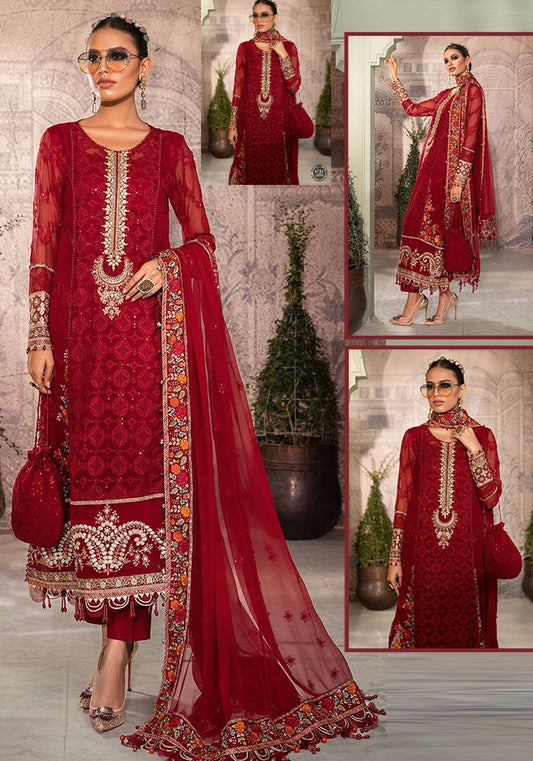 Maria.B Mbroidered Chiffon Addawork Formal Wedding Collection- Red Rose