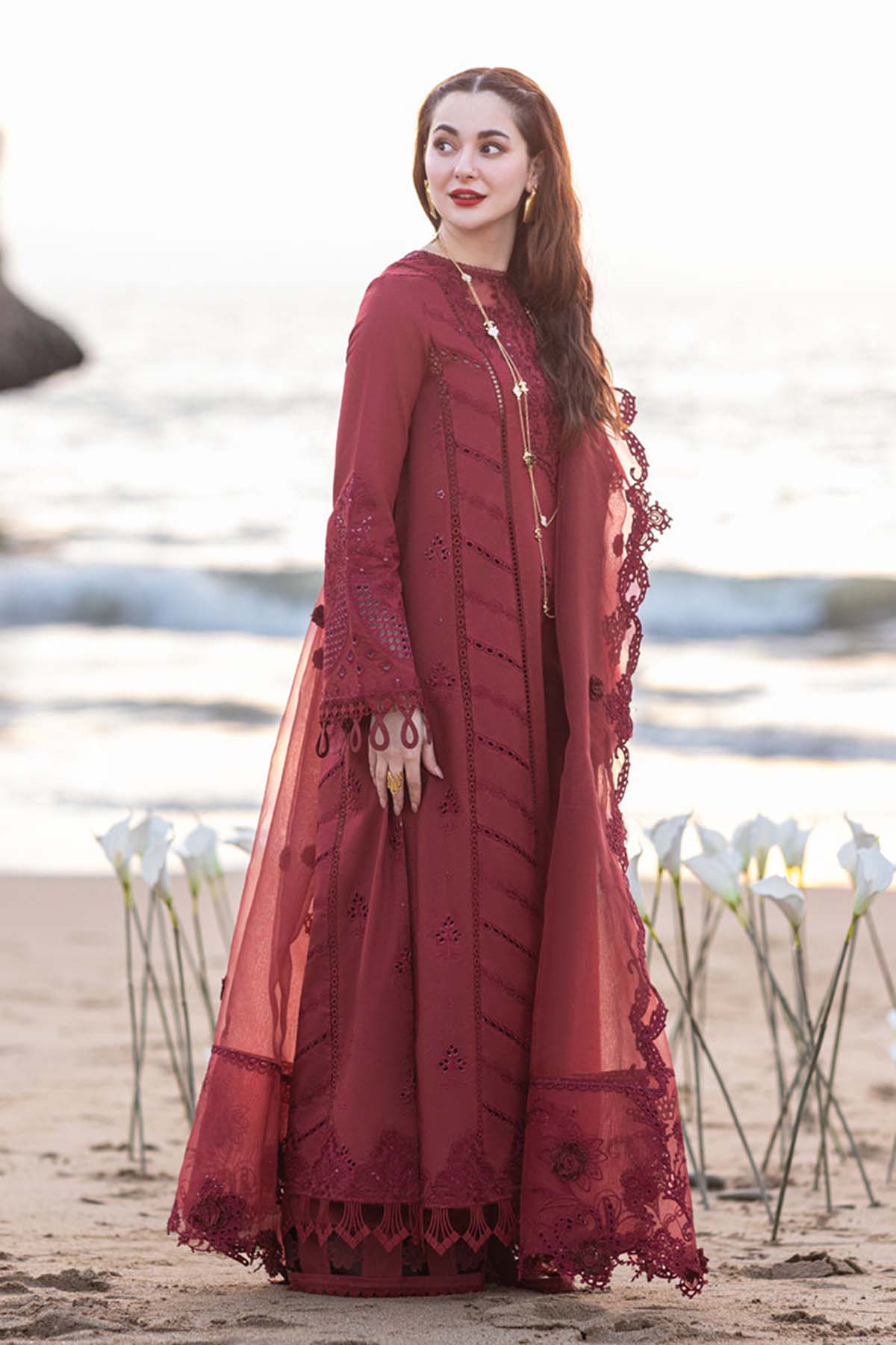 Qalamkar Embroidered Chikankari Luxury Lawn Collection Maroon
