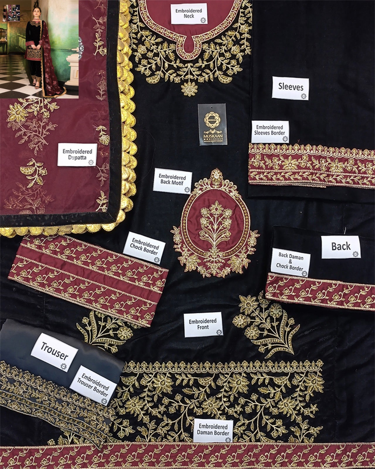 Zainab Chottani Velvet Wedding Collection- Black & Maroon
