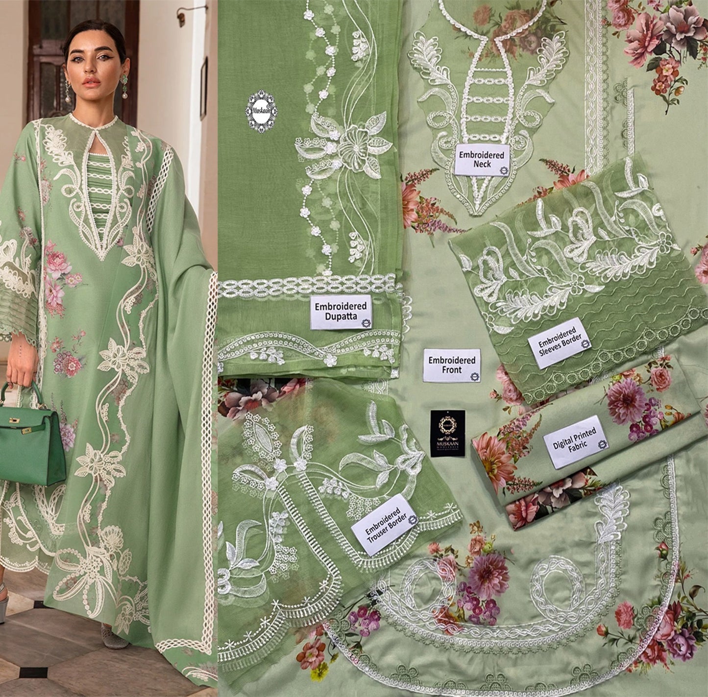 Crimson Summer Luxury Swiss Lawn Collection -Pista Green