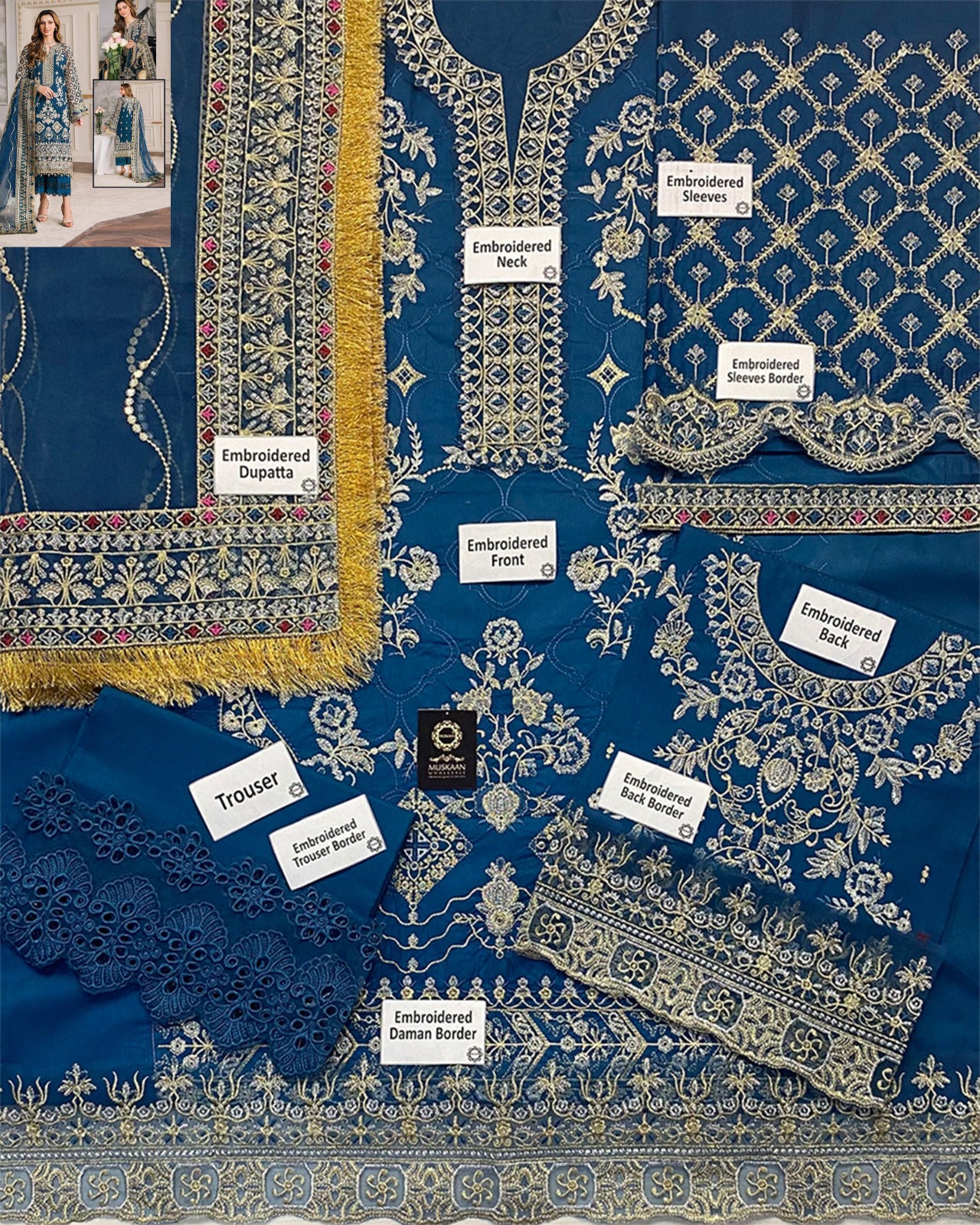Baroque Embroidered Luxury Lawn Collection- Teal Blue