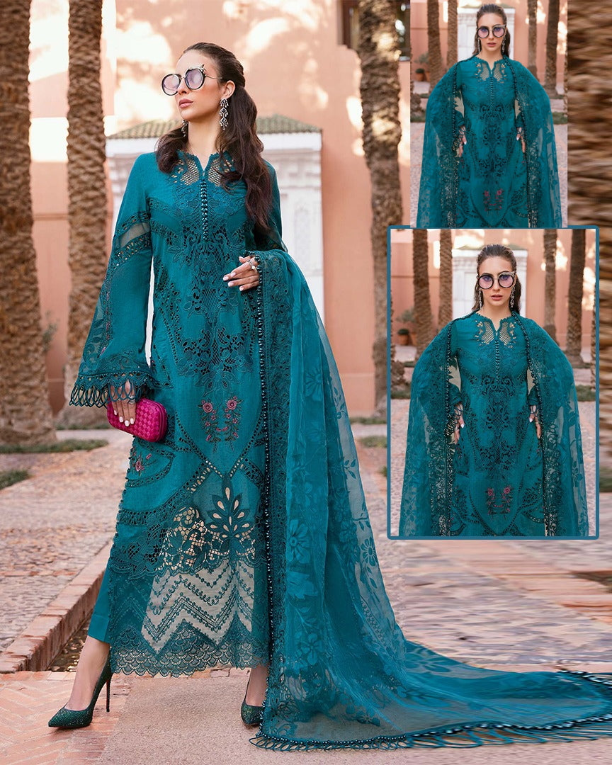 Maria.B Luxury Lawn Embroidered Chikankari Embroidered Duppata Collection- Teal Green