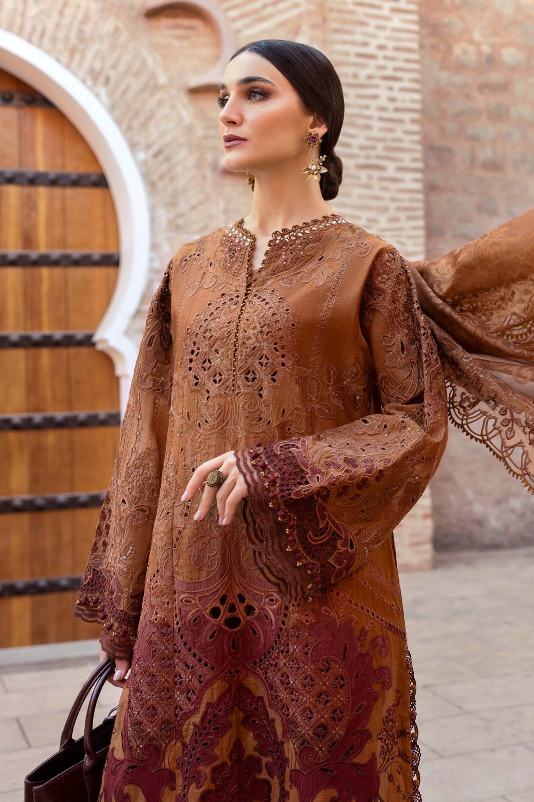 Maria.B Luxury Lawn Embroidered Chikankari Collection 1B- Brown & Reddish Maroon